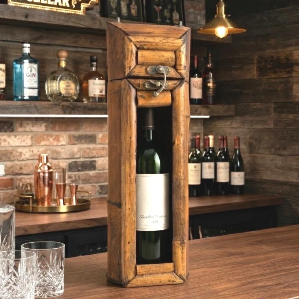 Handcrafted Bamboo Wine Bottle Gift Box Rustic Natural Wood Carrier with Latch